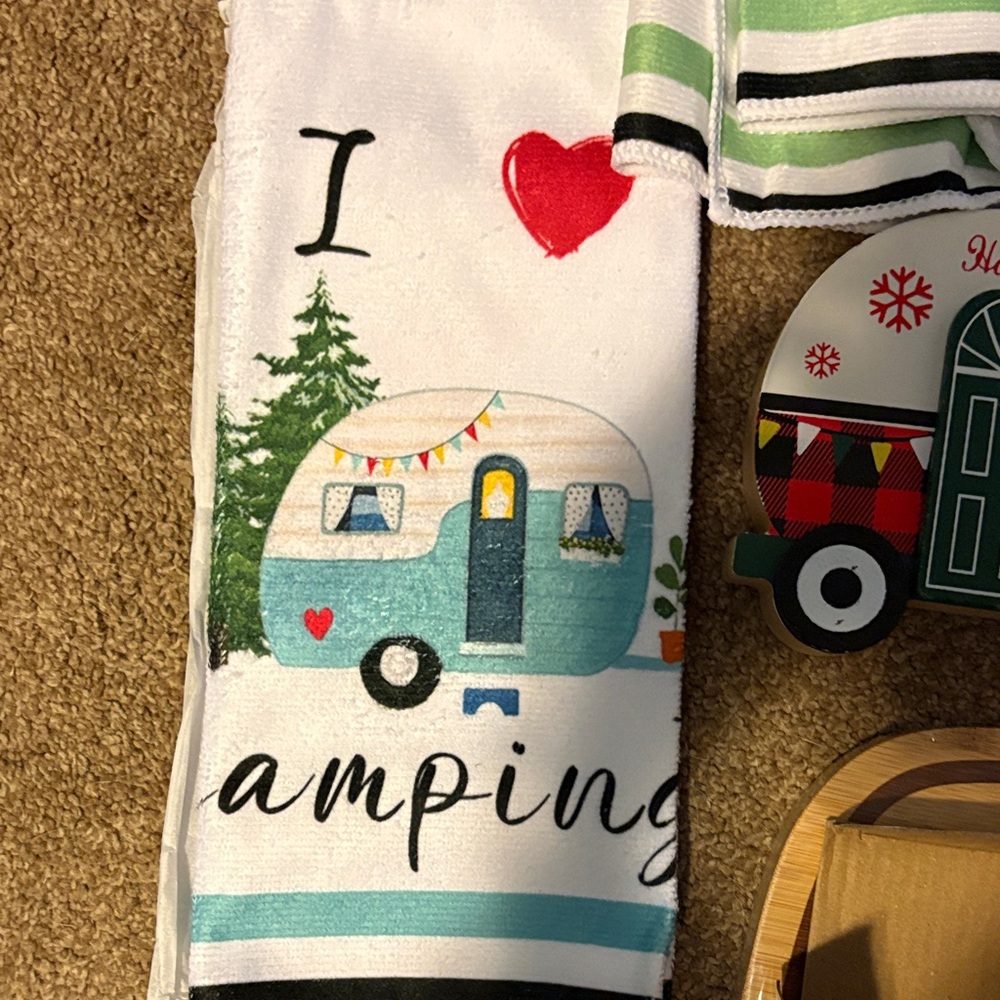 Happy Camper Kitchen Towel Set with Camper Bamboo Coaster Set, Camper cut board - Picture 6 of 10